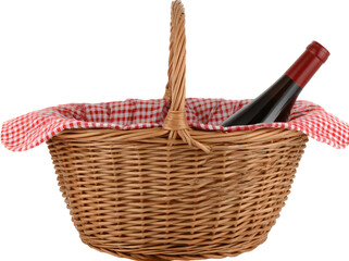 Wicker picnic basket with a red and white checkered cloth, isolated on white background, symbolizing outdoor leisure and summer lifestyle
