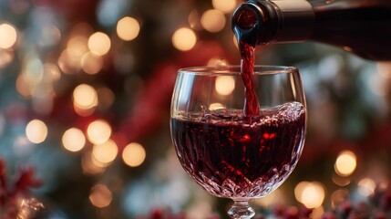 Red wine pouring into a crystal glass, elegant and refined moment of indulgence.