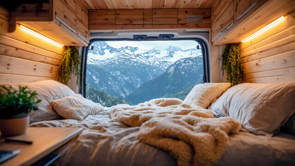 Cozy camper van interior overlooking snow-capped mountain scenery during daytime