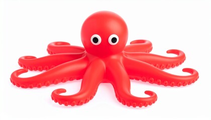 Funny and cross eyed red rubber octopus isolated on white background