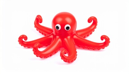 Funny and cross eyed red rubber octopus isolated on white background