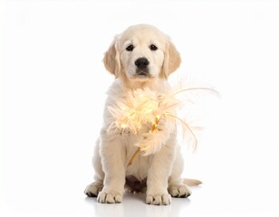 Golden retriever puppy sitting with fluffy light holden isolated on white background 