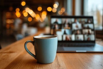 A blue coffee mug sits on a wooden table in front of a laptop showing a video call, with warm lights blurred in the background.