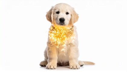 Golden retriever puppy sitting with fluffy light holden isolated on white background
