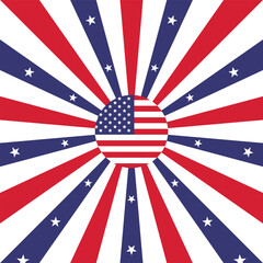 Fototapeta premium Bursting rays in red, white, and blue with central flag for 4th of July.