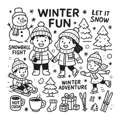Winter Fun Illustration with Kids and Snow Activities