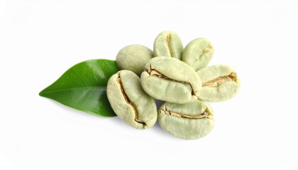 Green coffee beans with leaf isolated on white background