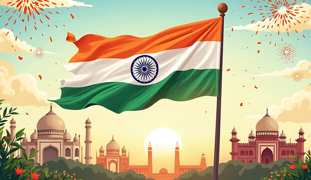 India flag flying high at Connaught Place with pride in blue sky, India flag fluttering, Indian Flag on Independence Day and Republic Day of India, tilt up shot, Waving Indian flag, Har Ghar Tiranga
