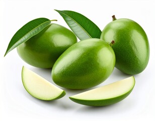 Obraz premium Green mango with slices isolated on white background