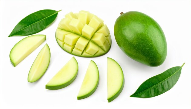 Green mango with slices isolated on white background