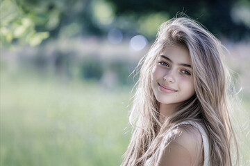 Fototapeta premium Beautiful teenage girl smiling in nature, enjoying sunny day