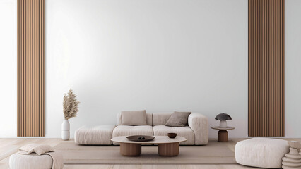 Minimalist living room with beige sofa and wooden accents in modern home