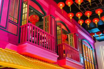 Chinese red paper lanterns create a vibrant atmosphere on city street with colorful building, lights illuminating the space with festive energy and cultural significance.