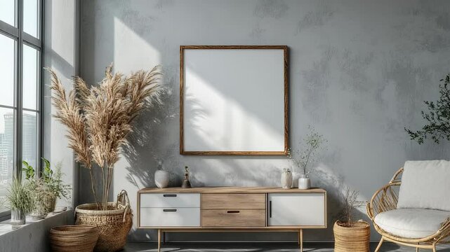 Sun-Drenched Living Room Interior Featuring Blank Art Frame and Bohemian Accents