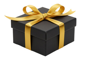 Isolated Black Gift Box with Gold Ribbon