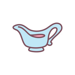 Sauce boat with gravy icon. Serving container traditionally used for pouring gravy at festive meals like Thanksgiving. Cute hand drawn illustration on white background.  Vector 10 EPS.
