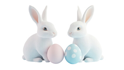 Obraz premium Two fluffy white rabbits sit facing each other, each beside a pastel-colored Easter egg; one pink, one light blue with white polka dots. The rabbits have long ears and blue eyes