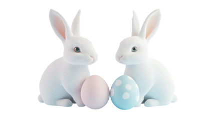 Two fluffy white rabbits sit facing each other, each beside a pastel-colored Easter egg; one pink, one light blue with white polka dots.  The rabbits have long ears and blue eyes