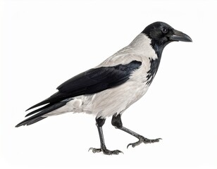 Fototapeta premium Grey hooded crow walks isolated on white background