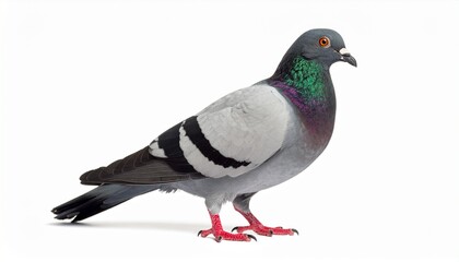 Grey pigeon standing isolated on white background