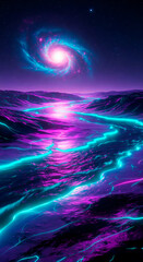 Neon river flowing through a violet landscape, reflecting the glow of a galaxy in the night sky with magical illumination.