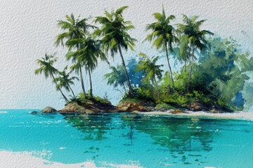 Fototapeta premium Beautiful tropical island with palm trees surrounded by clear turquoise water on a sunny day