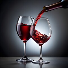 Elegant Red Wine Being Poured into Glass with Full Goblet Beside on Dark Background – Sophisticated Beverage Concept