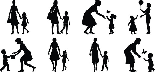 Happy Mothers' Day silhouette set. Mom and children activity vector bundle isolated on transparent background