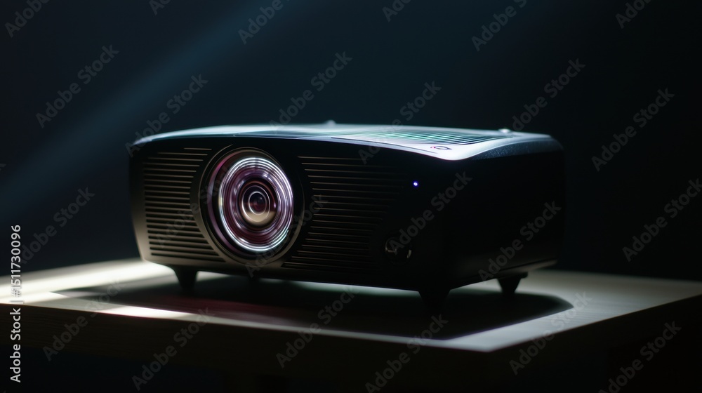 Poster a projector with a circular lens and a small light on the side.