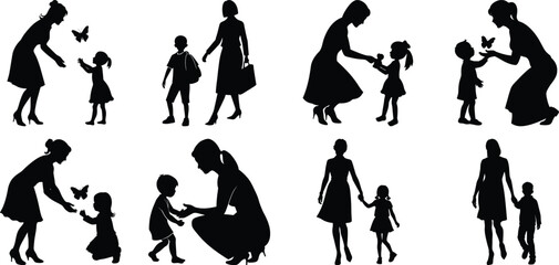 Happy Mothers' Day silhouette set. Mom and children activity vector bundle isolated on transparent background