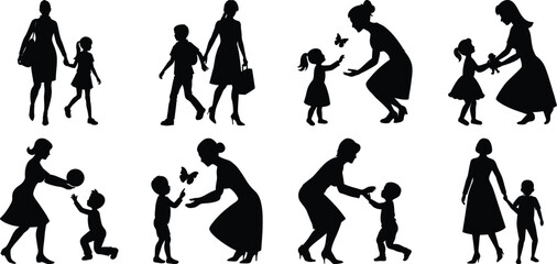 Happy Mothers' Day silhouette set. Mom and children activity vector bundle isolated on transparent background