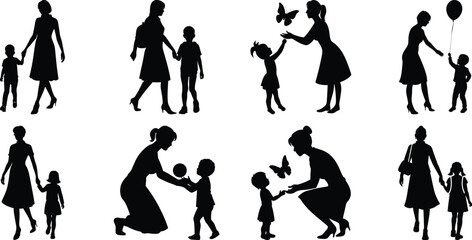 Happy Mothers' Day silhouette set. Mom and children activity vector bundle isolated on transparent background