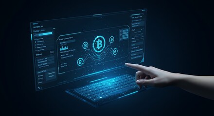 Futuristic Crypto Interface with Hand Interaction on Transparent Keyboard Display
