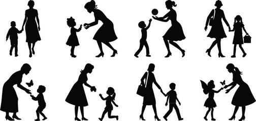 Fototapeta premium Happy Mothers' Day silhouette set. Mom and children activity vector bundle isolated on transparent background