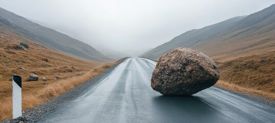 Massive Boulder Obstructing a Desolate Mountain Road, Symbolizing Nature s Unstoppable Force.