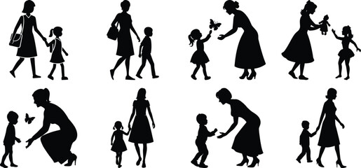 Obraz premium Happy Mothers' Day silhouette set. Mom and children activity vector bundle isolated on transparent background