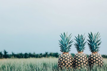 Three pineapples in a field under a pastel sky