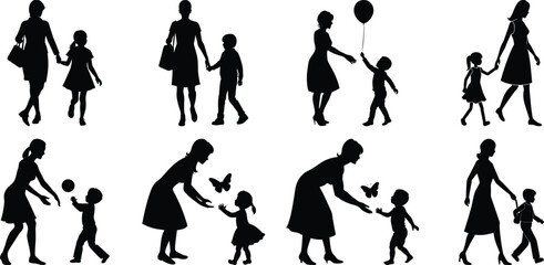 Happy Mothers' Day silhouette set. Mom and children activity vector bundle isolated on transparent background