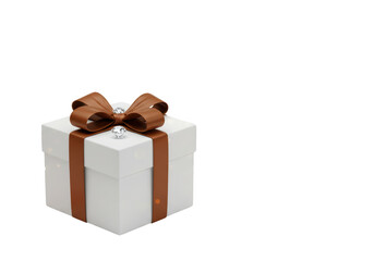 Isolated White Gift Box with Brown Ribbon
