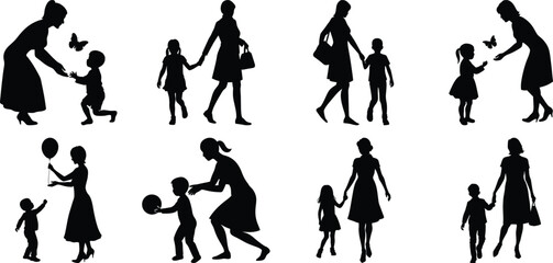 Happy Mothers' Day silhouette set. Mom and children activity vector bundle isolated on transparent background