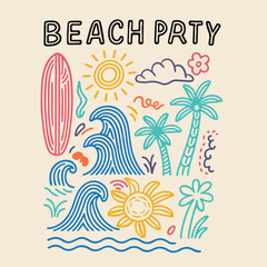 Beach party tropical colorful poster .Festival vector Illustration placard. beautiful sunset scene on the beach,