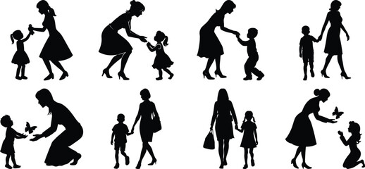 Happy Mothers' Day silhouette set. Mom and children activity vector bundle isolated on transparent background