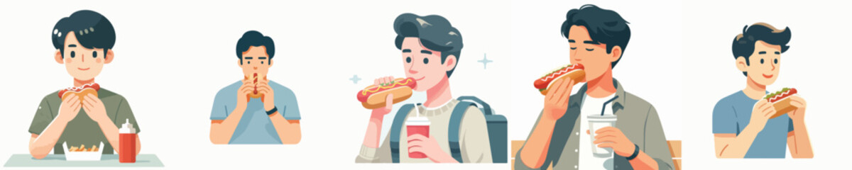 vector of a young man eating a hotdog