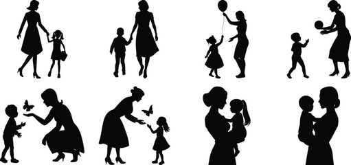 Happy Mothers' Day silhouette set. Mom and children activity vector bundle isolated on transparent background