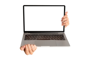 Hand showing laptop computer with blank screen isolated.