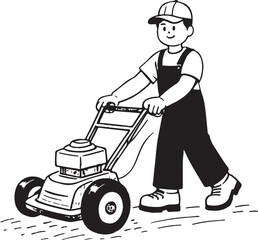 Happy businessman mowing his lawn with a smile, while a woman vacuums the floor, and a boy on a scooter watches them work