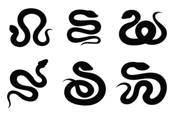 Black silhouette of a coiled snake with an upright head and curved tail, symbolizing danger and venomous creatures. snake icon vector glyph style design. Snake , logo. Snake icons set in black fiiled. © Hike Studio 888