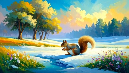 Charming Squirrel in a Sunlit Forest Surrounded by Blooming Flowers and Snow