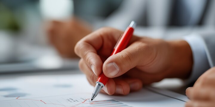 A person is writing with a red pen on a piece of paper. Concept of focus and determination as the person carefully writes. The red pen adds a bold and assertive touch to the scene
