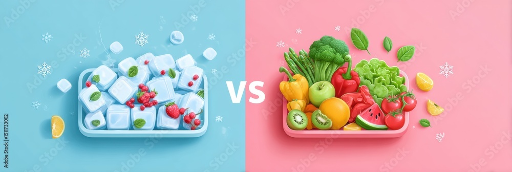 Poster comparing nutrition values of frozen and fresh fruits and vegetables in a clean infographic layout